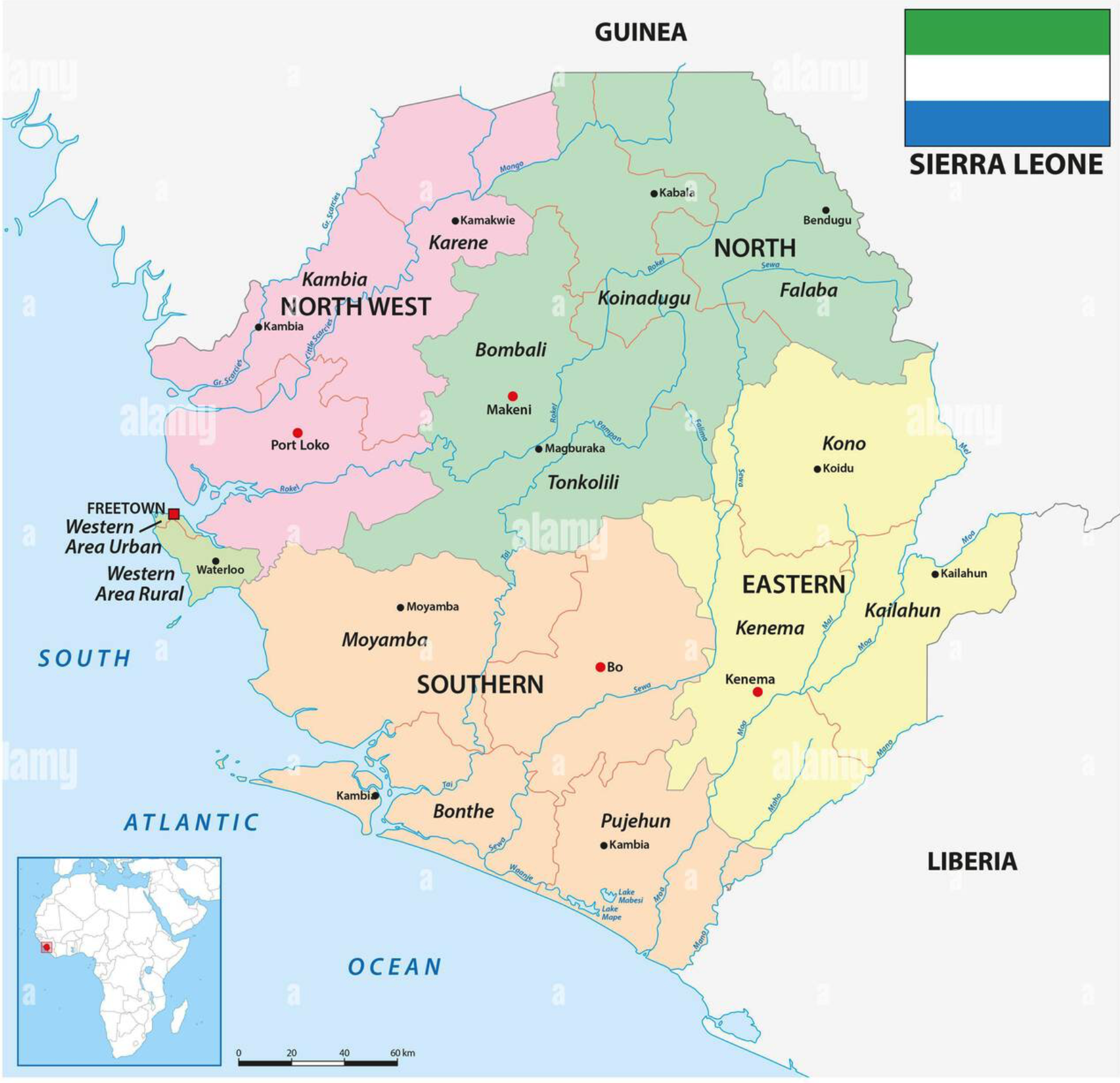 Kaart van Sierra Leone met de provincies en districten